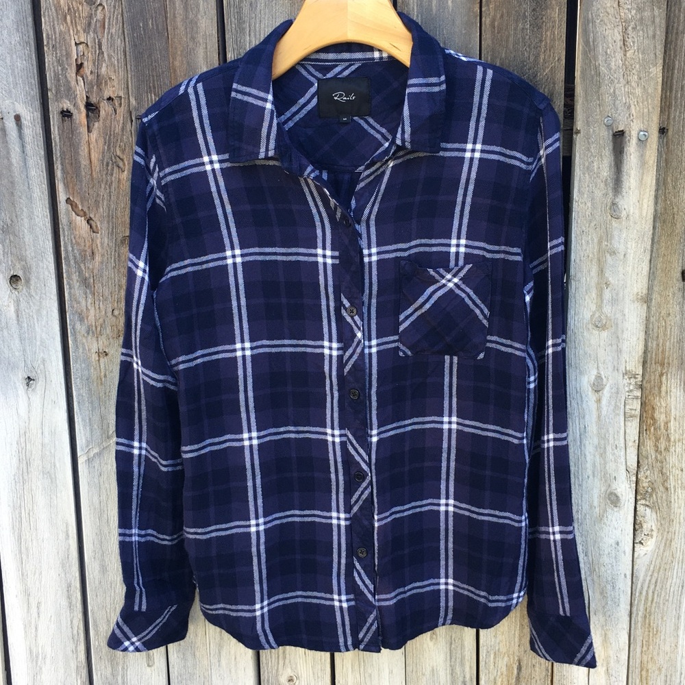 Rails Hunter Plaid Shirt Rayon Pacific Navy Blue White M - Picture 16 of 16